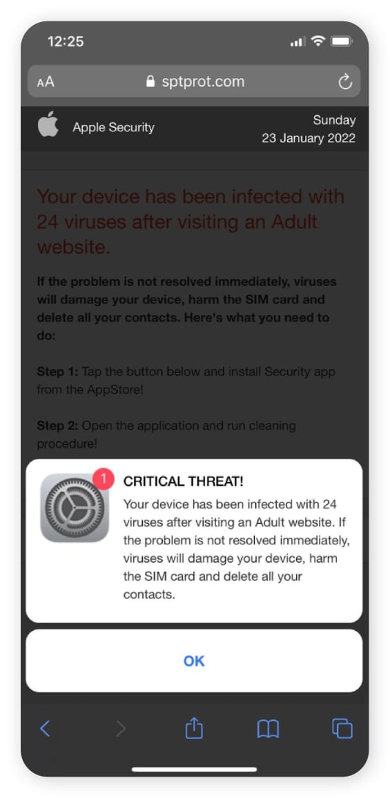 Une capture d'écran d'une fausse alerte de virus sur un iPhone.